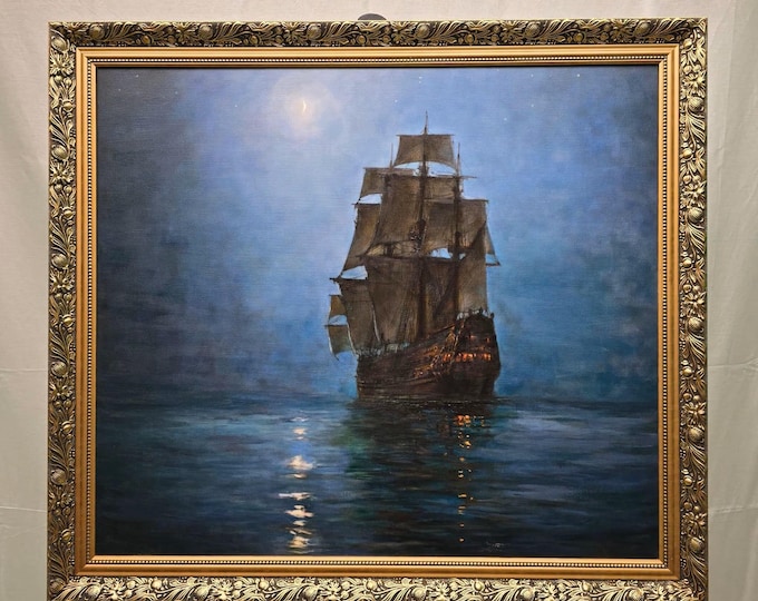 Crescent Moon Painting by Montague Dawson, framed premium canvas print, with brush strokes  and golden vintageous frame looks like original