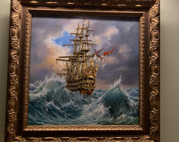 COMING HOME: original oil on canvas tall ship painting, seascape wall art, sailing ship decor, ship stormy landscape, customer commission