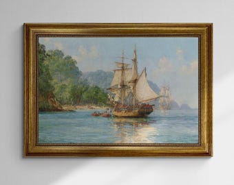 Pirates Haunt Montague Dawson, Gliclée canvas hand finished premium print with brush strokes and golden vintageous frame looks like original
