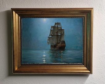 The Crescent Moon Painting by Montague Dawson, Giclée canvas 3D hand finished premium print with brush strokes and golden vintageous frame.