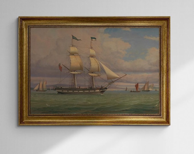 The English Brig 'Norval' before the Wind by  William Clark canvas premium print with brush strokes and vintageous frame looks like original