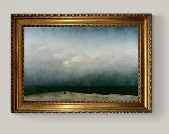 Caspar David Friedrich 'Monk by the Sea' Canvas Print in Golden Vintage Frame, Brush Strokes