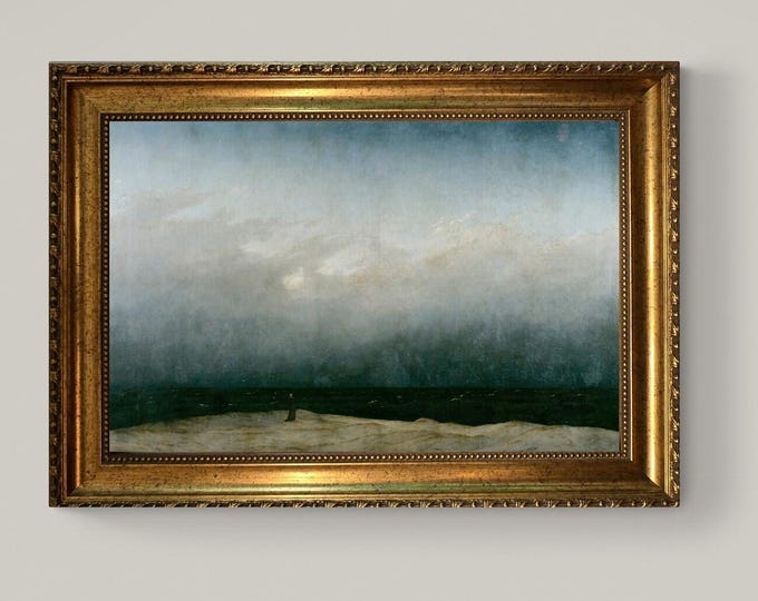 Caspar David Friedrich 'Monk by the Sea' Canvas Print in Golden Vintage Frame, Brush Strokes