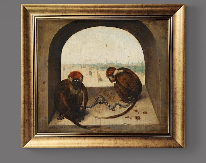 Two Monkeys by Bruegel Canvas Print: Vintage Gold Frame, Brush Stroke Texture