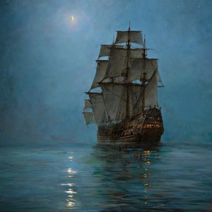 Navigando sotto il bagliore argenteo, "The Crescent Moon" di Montague Dawson, stampa di qualità museale su carta FineArt, tela 3D con pennellate