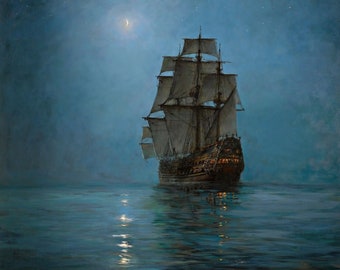 Sailing Under the Silvery Glow, "The Crescent Moon" by Montague Dawson, Museum-Quality Print on FineArt Paper, 3D Canvas with brush stroke