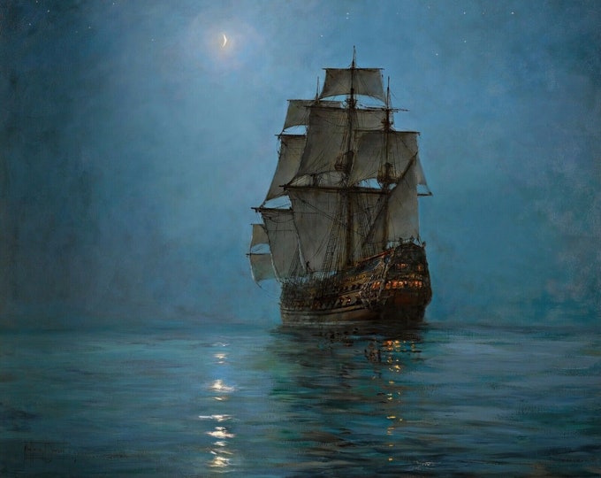 Sailing Under the Silvery Glow, "The Crescent Moon" by Montague Dawson, Museum-Quality Print on FineArt Paper, 3D Canvas with brush stroke