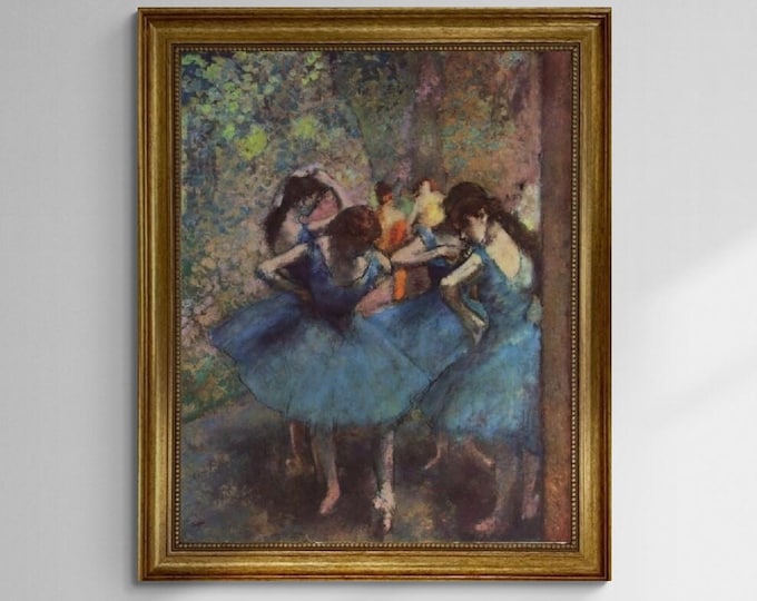 Edgar Degas Dancers in Blue, Gliclee hand finished premium print on canvas with brush strokes + golden vintageous frame looks like original