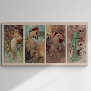 May include: A framed art print with four panels, each showing a woman representing a season. The artwork has a vintage style with soft colours, floral elements, and flowing gowns. The overall theme is Art Nouveau.