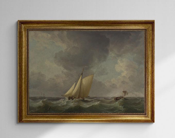 Stormy Sea Sailing, Nautical Vintage Wall Decor with Sailboats, Ocean Waves & Dramatic Sky, Costal Home decore 3D canvas print with frame