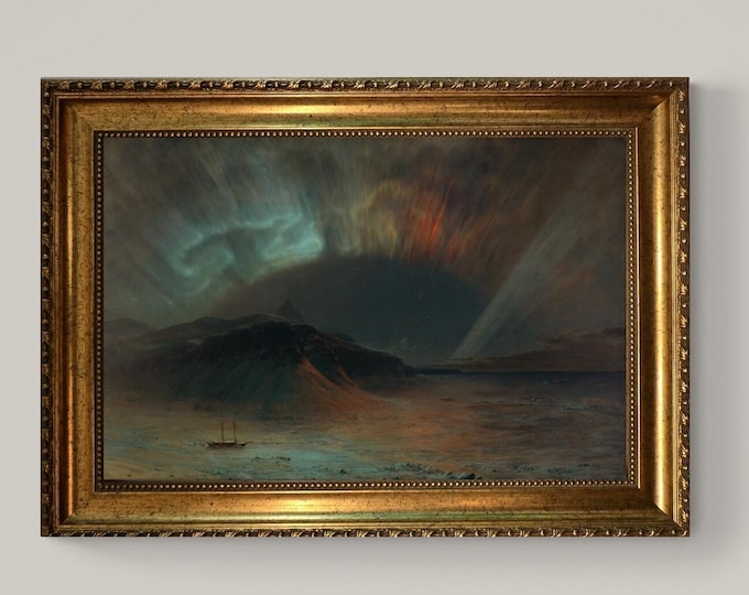 Aurora Borealis by Frederic Edwin Church, Print on canvas: Brushstroke Texture, Golden Vintage Frame