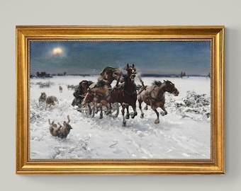 Troika pursued by wolves, A.W. Kowalski print on Canvas, Brush strokes and Vintage Gold Frame