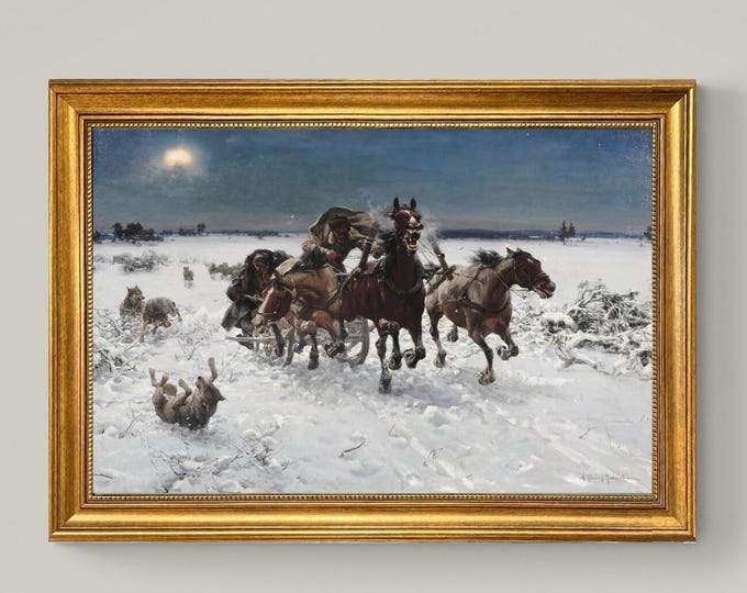 Troika pursued by wolves, A.W. Kowalski print on Canvas, Brush strokes and Vintage Gold Frame