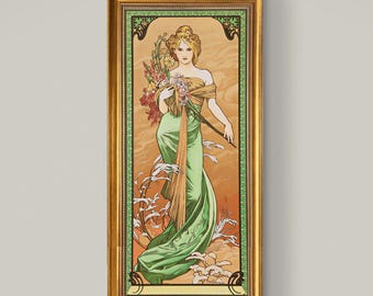 Art Nouveau Print | Alfons Mucha Spring Canvas | Golden Frame, Museum-Quality