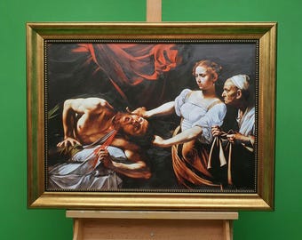 Caravaggio's Judith Beheading Holofernes: 3D Canvas Print, Hand-Finished brush strokes, Vintage Gold wooden Frame