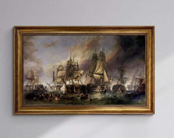 William Clarkson Stanfield • Battle of Trafalgar • Textured Canvas Print in Gold Frame