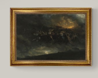 The Wild Hunt of Odin Canvas Print, Vintage Golden Frame, Textured Brushstrokes