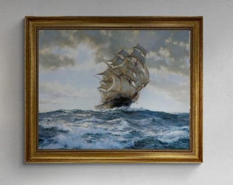Vintage ship decor, Montague Dawson "The Proud Ship" framed canvas print with brush strokes