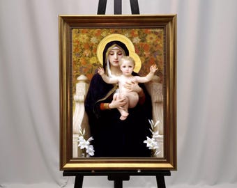Madonna of the Lilies, Canvas Print with Brush Stroke Texture, Vintage Golden Frame