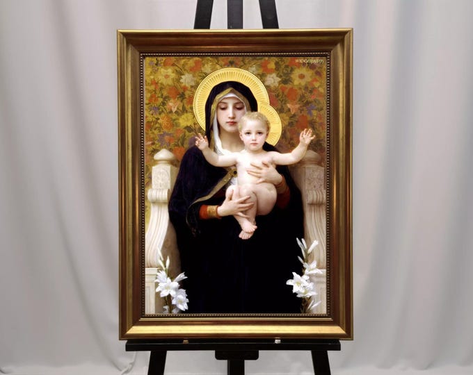Madonna of the Lilies, Canvas Print with Brush Stroke Texture, Vintage Golden Frame