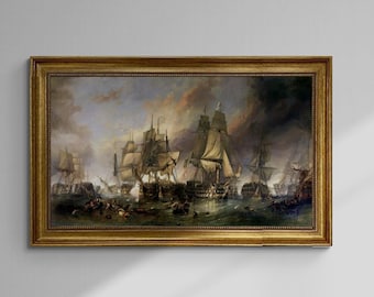 Battle of Trafalgar Print: William Clarkson Stanfield, Hand Finished 3D Canvas, Vintage Frame