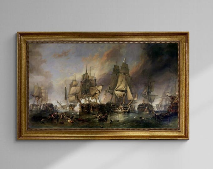 Battle of Trafalgar William Clarkson Stanfield, Hand Finished 3D Print on canvas with brush strokes + vintageous frame, looks like original