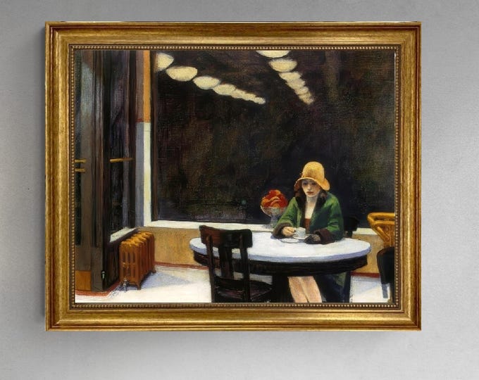 Edward Hopper's Automat Canvas Print with Vintage Golden Frame and Brushstrokes