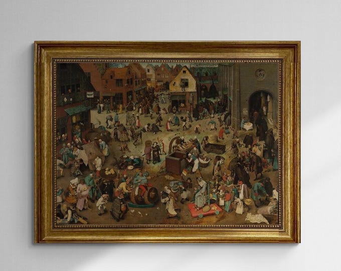 Fight between Carnival and Lent Pieter Bruege, Gliclée canvas 3D hand finished premium print with brush strokes and golden vintageous frame.