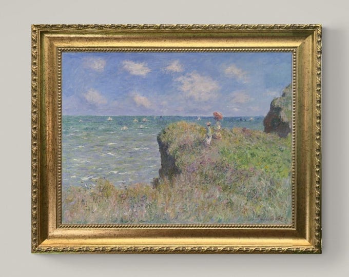 Monet Cliff Walk at Pourville, Canvas Print: Brush Strokes, Golden Vintage Frame