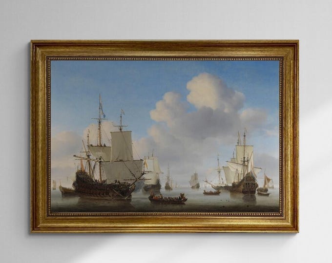 Dutchmen o' war and other shipping in a calm by Willem van de Velde II  canvas premium print with brush strokes and golden vintageous frame