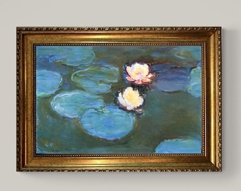 Monet Water Lillie (1897) Canvas Print: Brush Strokes, Golden Vintage Frame