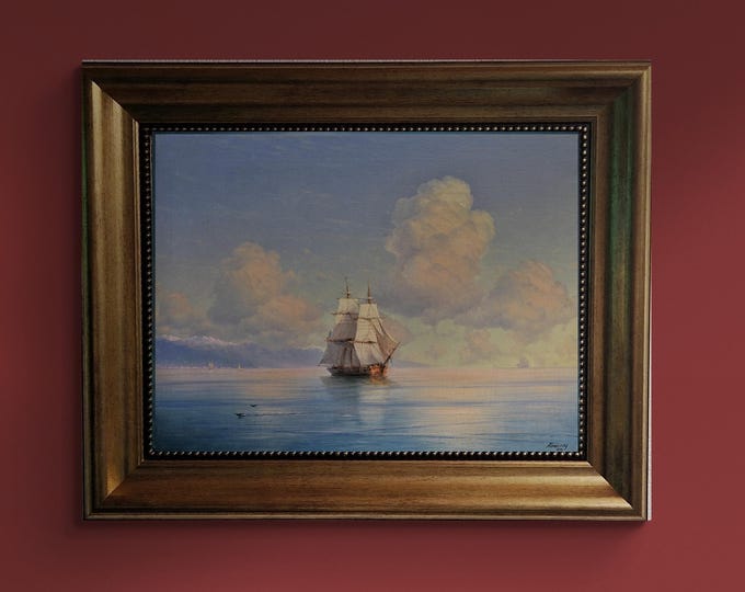 Ship off the Coast by Ivan Aivazovsky | Giclée Canvas Print | 3D Hand-Finished Premium Artwork with Brush Strokes & Golden Vintage Frame