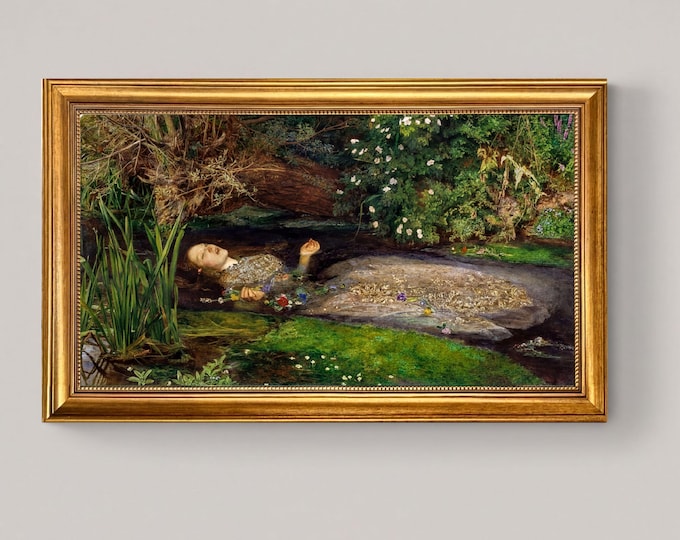 Ophelia by John Everett Millais,  Vintage Golden Frame and Brush Strokes
