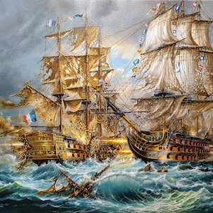 Battle of Trafalgar Giclée fine art print from original oil painting by Robert Zietara, HSM Victory, ship poster, Sailing Ship illustration