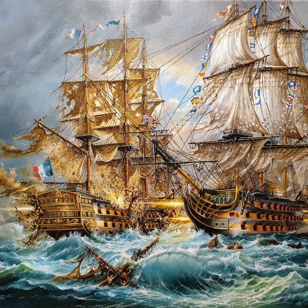 Batalla de Trafalgar Giclée impresión de bellas artes de pintura al óleo original de Robert Zietara, HSM Victory, cartel de barco, ilustración de velero