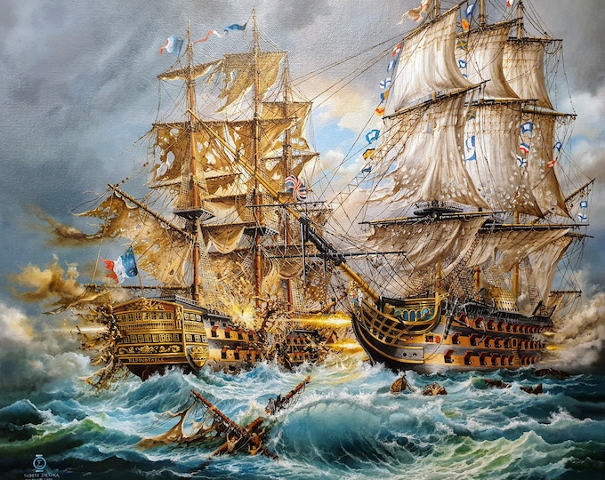 Battle of Trafalgar Giclée fine art print from original oil painting by Robert Zietara, HSM Victory, ship poster, Sailing Ship illustration