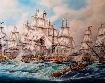 Battle of Trafalgar Giclee Print, capturing seven ships including HMS Victory, Tall Ship Art