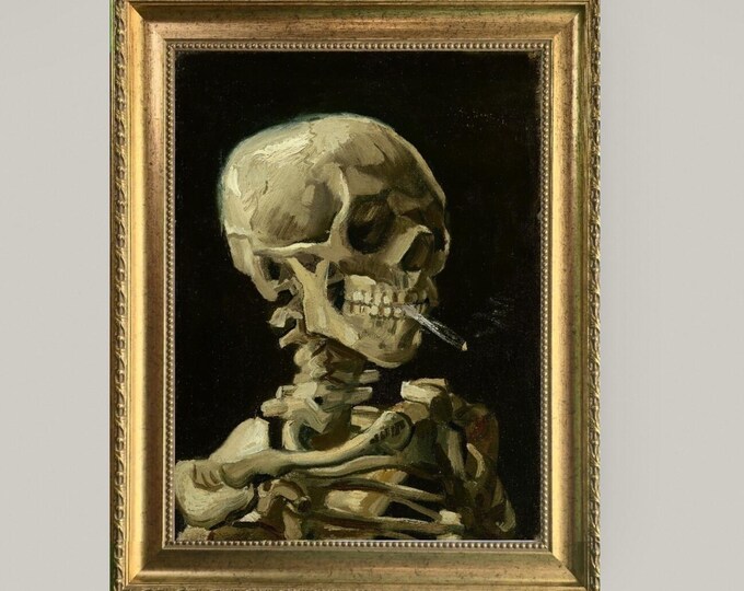 Framed Van Gogh Skeleton with Burning Cigarette, Giclée 3D Print on canvas with texture and brush strokes