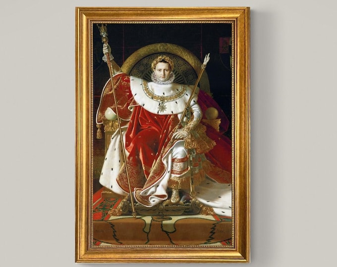 Napoleon on his Imperial Throne Canvas Print: Ingres, Vintage Gold Frame, Brush Stroke Texture