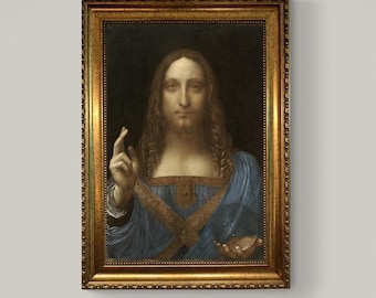 Salvator Mundi - A Divine Masterpiece by Leonardo Da Vinci, Vintage Golden Frame, Hand-Finished Brush Strokes