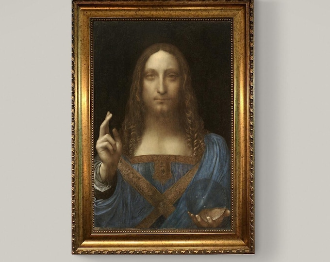 Salvator Mundi - A Divine Masterpiece by Leonardo Da Vinci, Vintage Golden Frame, Hand-Finished Brush Strokes