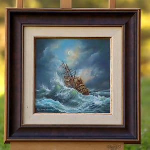 STORMY SEA: original oil on canvas tall ship painting, seascape wall art, sailing ship decor, ship stormy landscape, customer commission