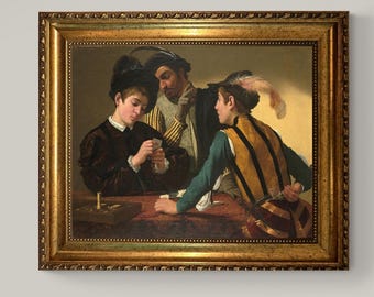 Cardsharps by Caravaggio, 3D Canvas Print with Brush Strokes and Wooden Gold Frame