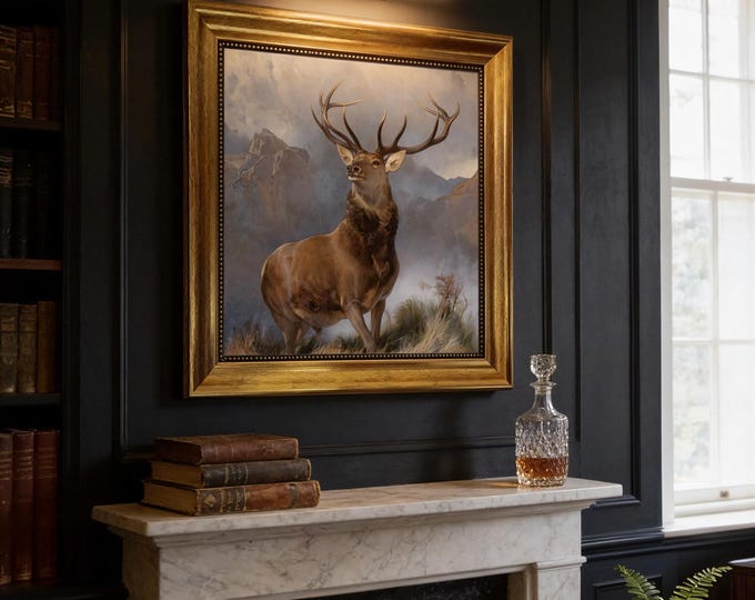 Monarch of the Glen Canvas Print - Majestic Deer in Vintage Frame and brush strokes
