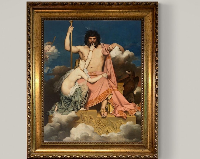 Zeus and Thetis by Ingres, Canvas Print with Brush Strokes, Vintage Golden Frame