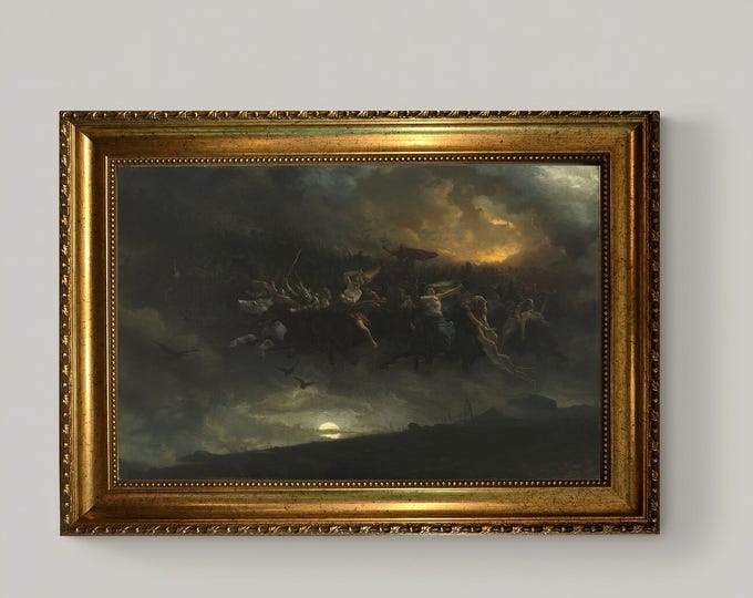The Wild Hunt of Odin Canvas Print, Vintage Golden Frame, Textured Brushstrokes