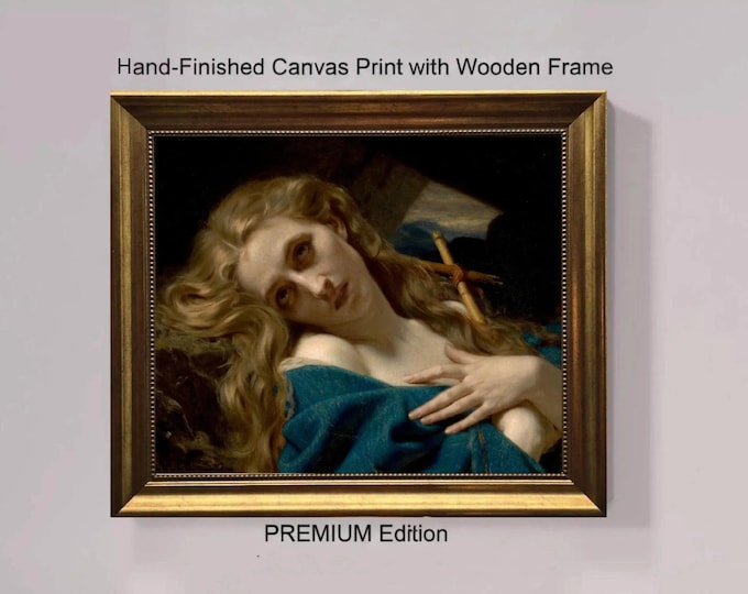 Mary Magdalene in the cave, Canvas Print with Gold Frame and Brush strokes