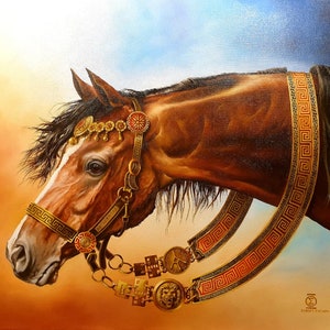 May include: A brown horse with a black mane and tail, wearing a gold and red ornate bridle with a Greek key pattern. The horse is adorned with a gold and red headpiece with a sunburst design. The horse is looking to the left.