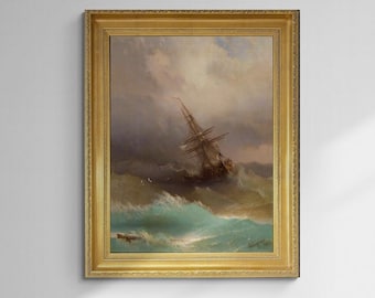 Aivazovsky "Ship in Stormy Sea" Canvas Print, Golden Vintage Frame