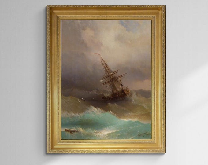 Ship in the stormy Sea by Aivazovsky 1887 Gliclée canvas premium print with brush strokes and golden vintageous frame, looks like original